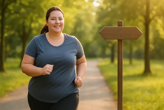 trainingsplan-laufanfaenger Eine leicht übergewichtige Frau läuft langsam, entspannt in einem Park