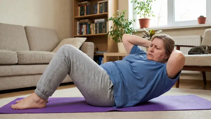 krafttraining-abnehmen Eine 50jährige Frau macht Crunches auf einer Fitnessmatte im Wohnzimmer. Krafttraining zum Abnehmen