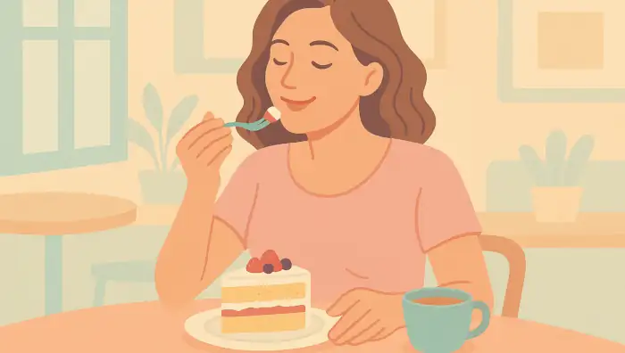 Eine Frau genießt ein Stück Torte. Zum Abnehmen.