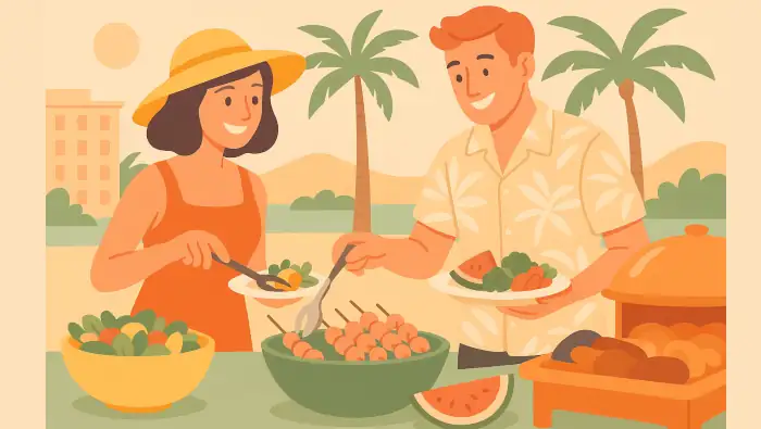 Ein Mann und eine Frau bedienen sich an einem Buffet. Es ist Sommer, im Hintergrund Palmen.