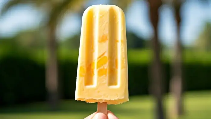 Ein leckeres, fruchtig-gelbes Eis am Stiel, gehalten von einer Hand.