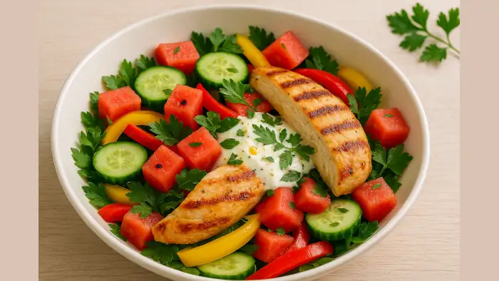 Eine Schüssel mit einem sommerlichen Salat aus Hahnchenbrust, Wassermelone, Gurke und Paprika, mit Skyr-Kräuter-Dressing