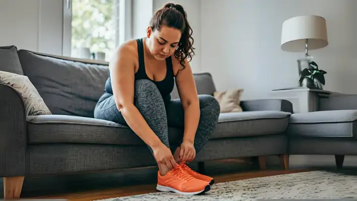 Eine Frau mit etwas mehr Gewicht schnürt ihre Laufschuhe. Noch sitzt sie auf dem Sofa, gleich wird sie loslaufen.