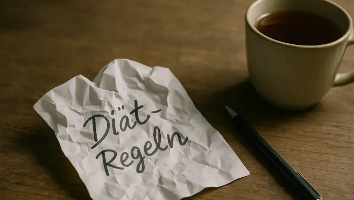 Ein zerknüllter Zettel mit der Aufschrift Diätregeln