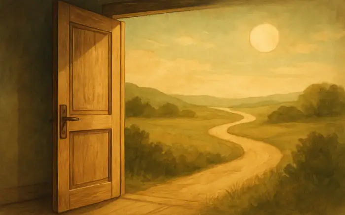 Eine geöffnete Tür, von der sich ein geschwungener Pfad durch eine natürliche Landschaft in der Ferne verliert