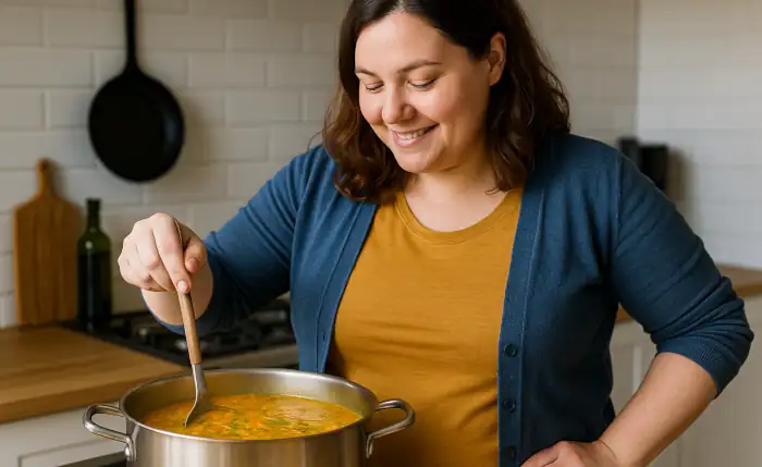 Eine Frau rührt in einem großen Topf mit leckerer Suppe, die auf einem Herd steht.