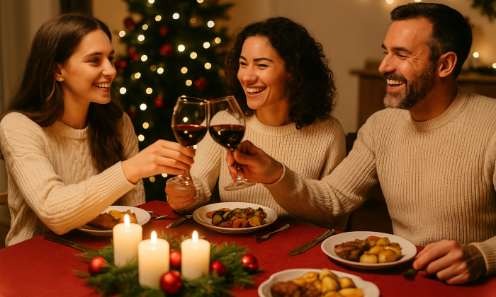 weihnachten-ohne-diaetstress Drei fröhliche Leute feiern Weihnachten mit gutem Essen und Wein.