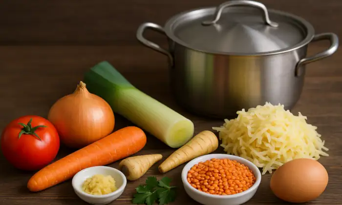 wintersuppe-zutaten Die Zutaten für die Wintersuppe als Flatlay: gekochte, geriebene Kartoffeln, Zwiebel, Lauch, Möhre, Tomate, Sellerie, rote Linsen, Ei, Ingwer und Majoran.