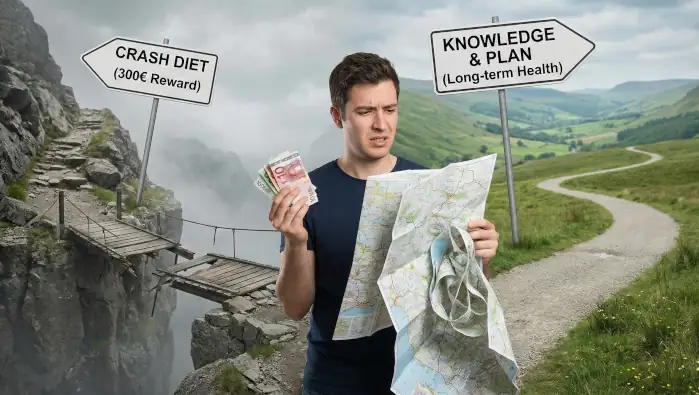 Ein Mann steht an einer Weggabelung. Auf der einen Seite zeigt ein Wegweiser zu Crash-Diät & 300 Euro Belohnung, auf der anderen Seite zeigt der Wegweiser zu nachhaltigem Abnehmen. Der Mann hat einen Arm voll Landkarten und wirkt etwas gestresst.