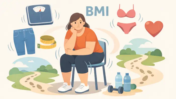 abnehmziele Abnehmziele symbolisiert durch diverse Symbole wie "BMI", Bikini, Hantel, Waage, Maßband, etc.