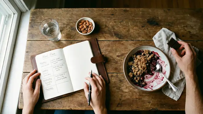 links ein ordentlicher Abnehmplan und ein Glas Wasser. rechts ein leicht chaotischer Teller mit süßem Essen und ein Stück Schokolade: Warum Disziplin nicht die Lösung ist