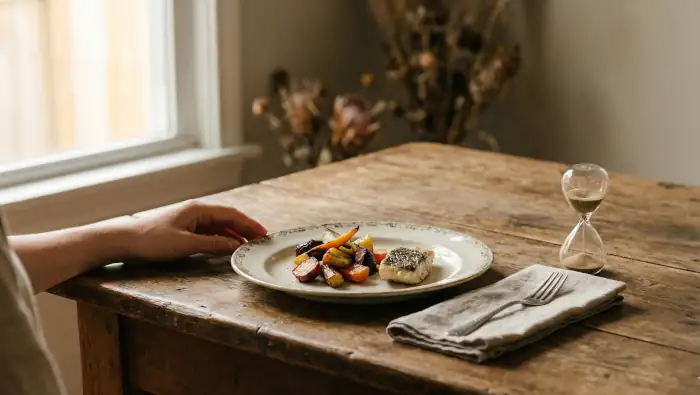 erfolgskontrolle-abnehmen Ein Teller mit einer kleinen Portion Gemüse, Fisch und Reis. Erfolgskontrolle beim Abnehmen durch Selbstwahrnehmung und Körpergefühl