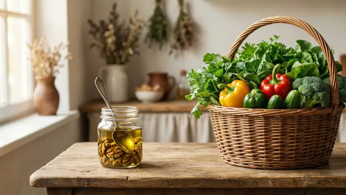 Ein kleines Glas mit Öl und Nüssen neben einem großen Korb mit Obst und Gemüse. Das Konzept des Kaloriengehalts.