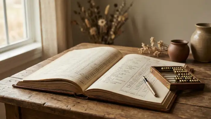 Ein Buch mit langen Zahlenkolonnen. Kalorien. Ein Taschenrechner.