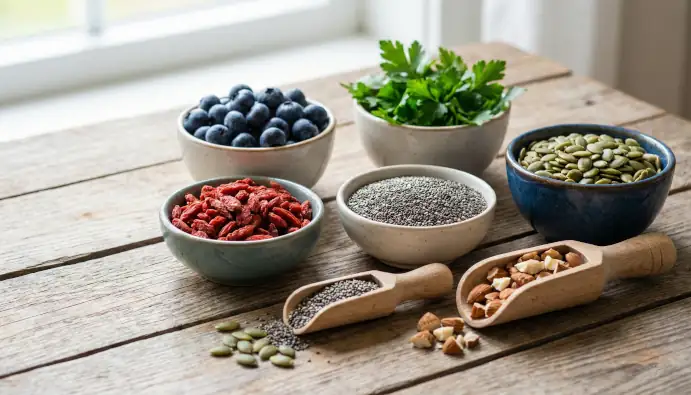 Beeren, Kräuter, Samen und Nüsse als Illustration für Mikronährstoffe wie Vitamine und Mineralstoffe