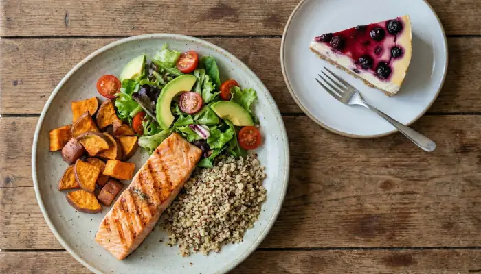 Ein Teller mit einer ausgewogenen Mahlzeit und ein Stück Kuchen auf einem Dessertteller. Genuss und Kuchen sind beim Abnehmen ohne Diät erlaubt.