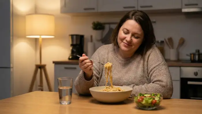 Eine Frau, die offensichtlich müde ist, isst Nudeln aus einer großen Schüssel. Sie verwechselt ihre Müdigkeit mit Hunger.