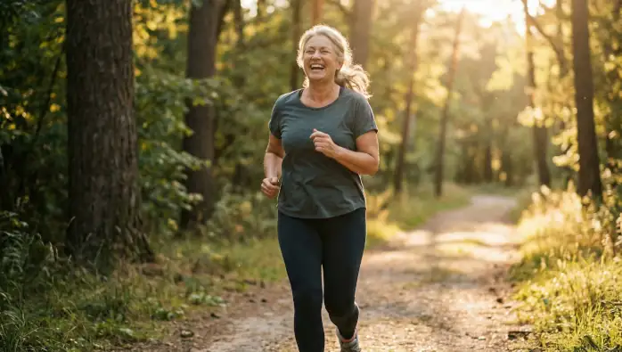 Eine 50jährige Frau joggt langsam auf einem Waldweg und hat Spaß dabei.