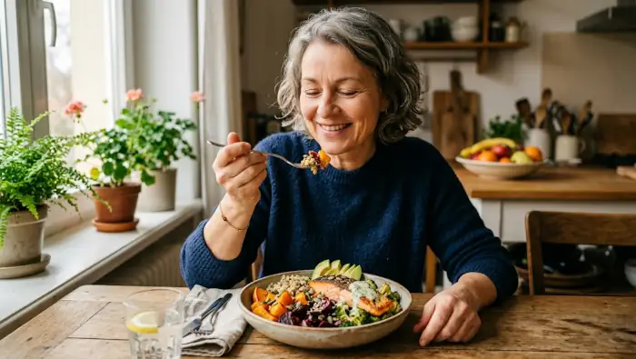essgewohnheiten-aendern-ab-50xcf Essgewohnheiten ändern ab 50: eine Frau genießt ein gesundes, leckeres Essen