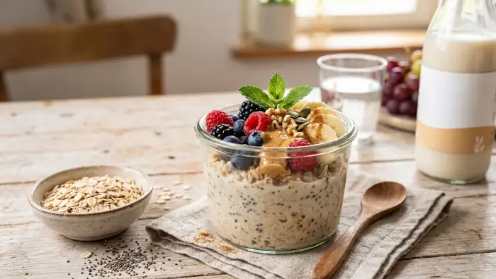 Haferflocken als Grundzutat für selbstgemachte Overnight-Oats. Mit Pflanzenmilch, Obst und Nussmus, appetitlich angerichtet in einem Glas auf einem Holztisch